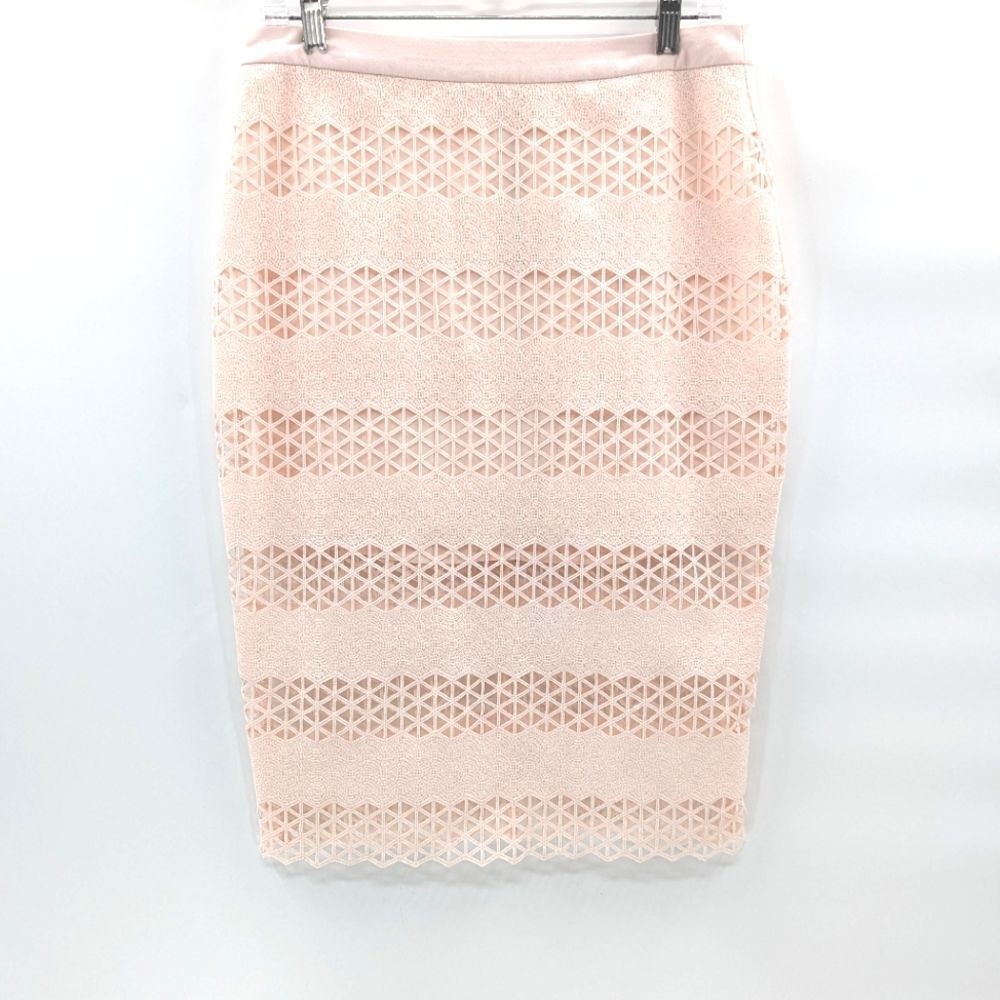 ASTR Powder Pink Lace Eyelet Overlay Stretch Midi Pencil Skirt Size Large